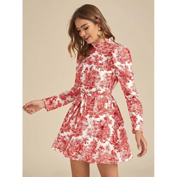 SHEIN Dresses & Skirts - SHEIN Frill Neck Puff Sleeve Landscape Print Dress